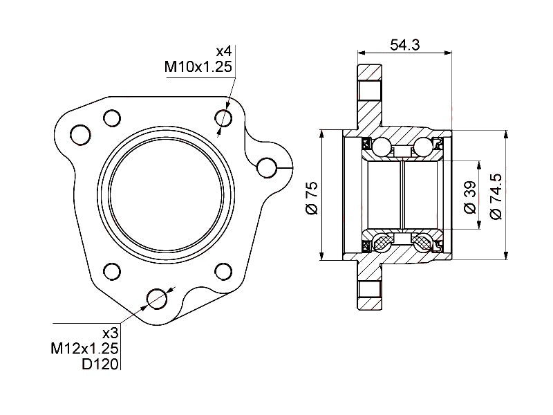WHEEL BRG SUITABLE FOR HON CRV RD1 REAR RH (HUB ASSY) (39mm ID x 74.5mm OD x 75mm OD)