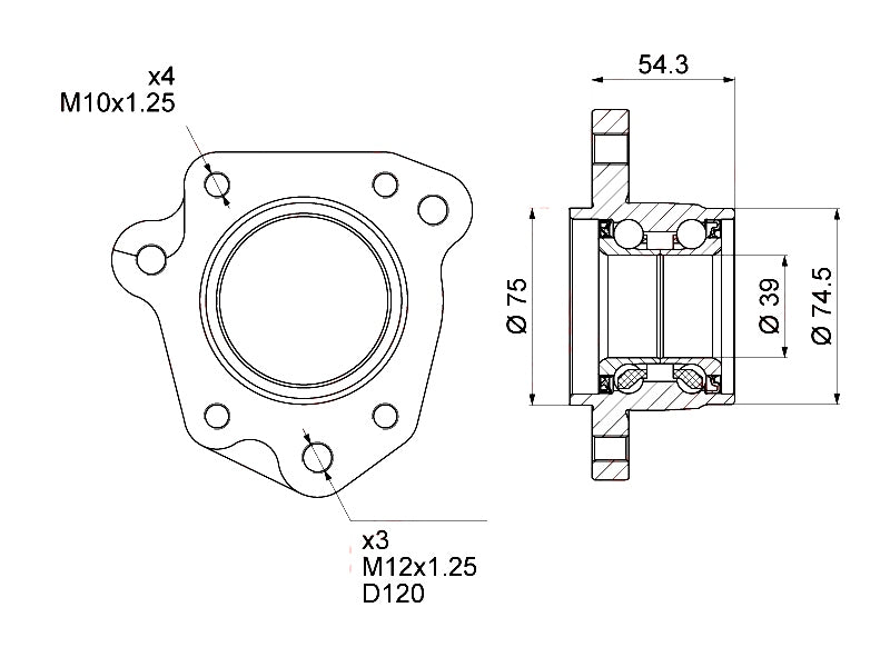 WHEEL BRG SUITABLE FOR HON CRV RD1 REAR LH (HUB ASSY) (39mm ID x 74.5mm OD x 75mm OD)