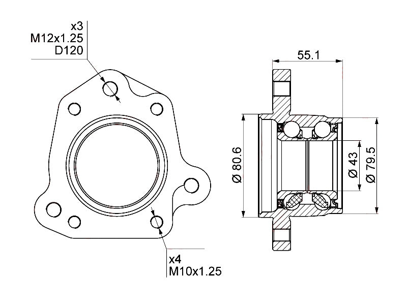 WHEEL BRG SUITABLE FOR HON CRV RD1 REAR LH (HUB ASSY) (43mm ID x 79.5mm OD x 80mm OD)