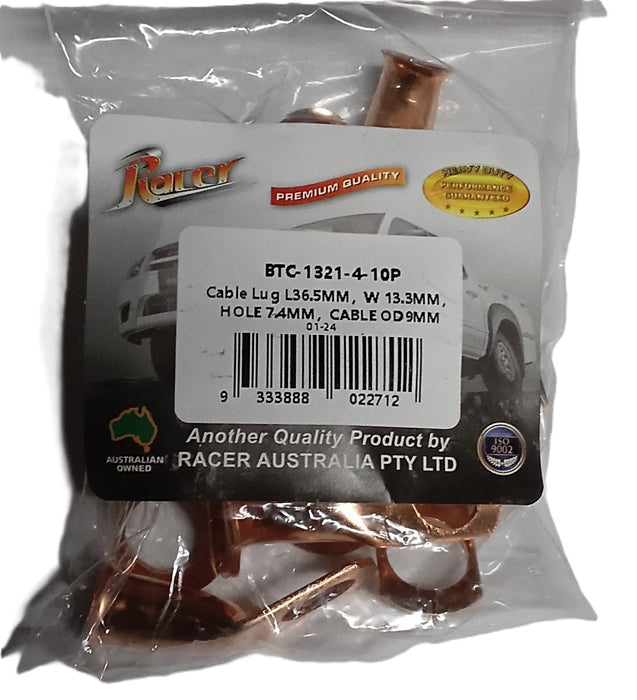 FLARED COPPER BATTERY CABLE LUG, 45 Deg, 7.5mm Cable, 10mm Stud (Pack of 10)