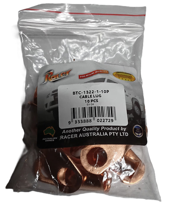 FLARED COPPER BATTERY CABLE LUG, 45 Deg, 9mm Cable, 10mm Stud (Pack of 10)
